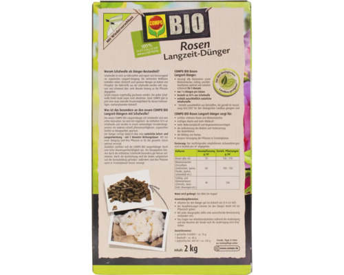 COMPO BIO langzaamwerkende rozenmeststof met schapenwol, 100% natuurlijke ingrediënten, 2 kg, ook geschikt voor andere bloeiende planten, 5 maanden langzaamwerkende werking