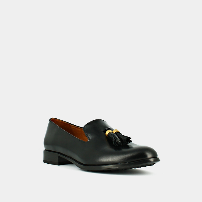 Mocassins à talons plats et bouts ronds  en cuir noir et or