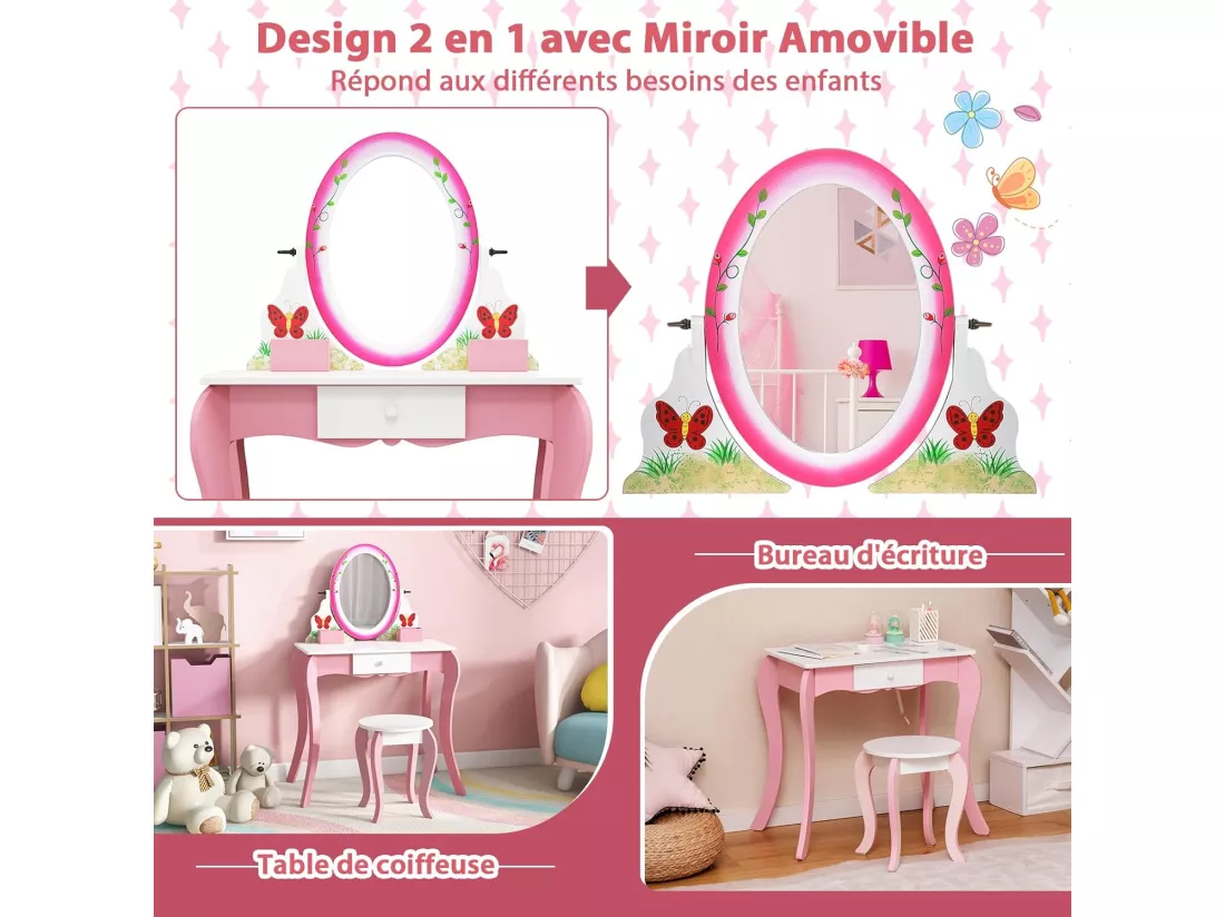 2 en 1 Coiffeuse Enfants avec Tabouret & Tiroir, Table de Maquillage avec Miroir Rotatif à 360° et Double Face, 4 Marqueurs, Dispositif Anti-basculement, Charge 70/50kg pour 3 Ans+ (Rose)…