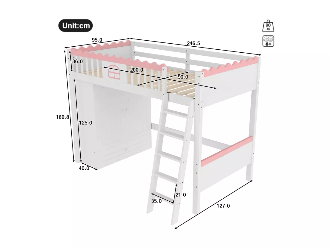 Lit mezzanine simple 90 x 200 cm - Lit enfant - Avec éclairage LED - Avec penderie - Avec tiroir de rangement - Blanc (sans matelas)