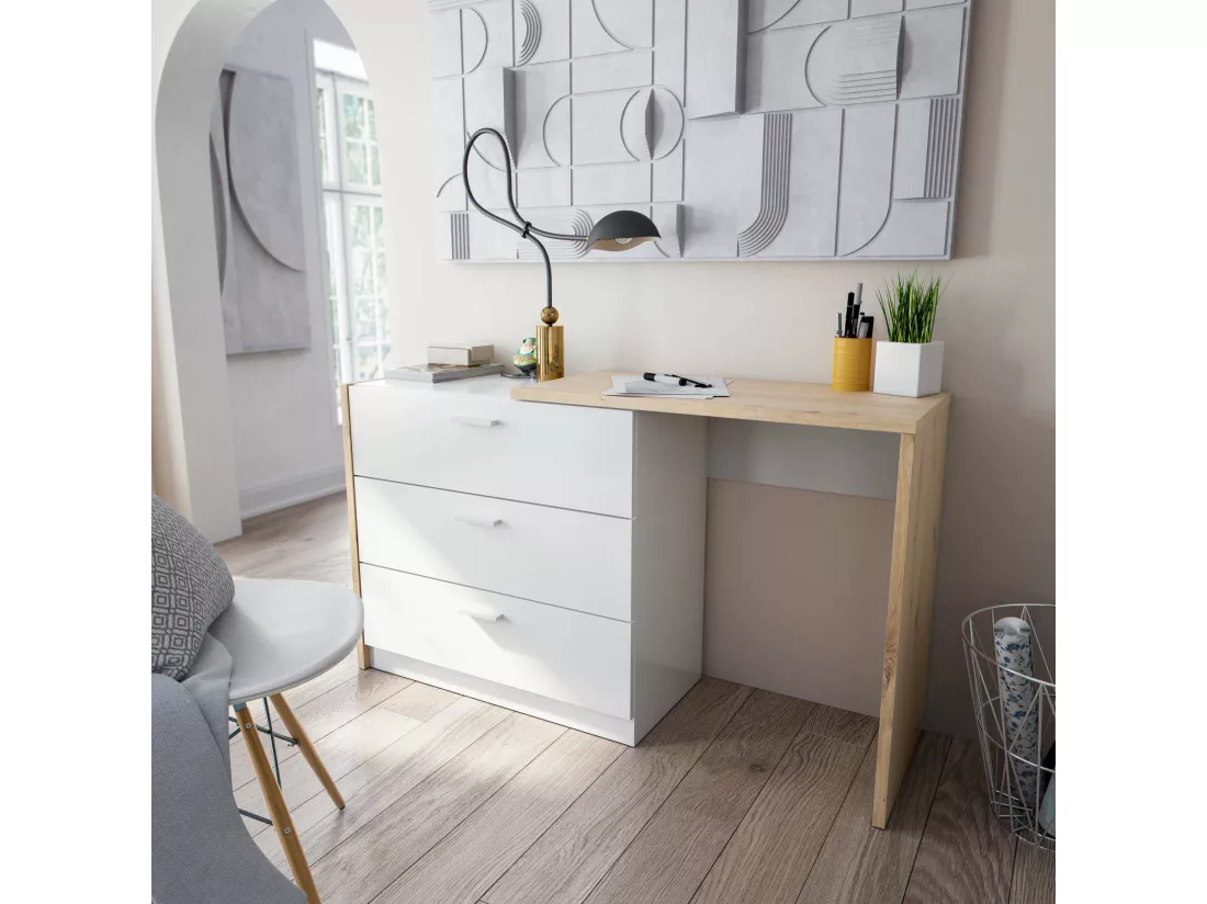 Bureau Toronto, Bureau avec tiroirs et plateau escamotable, Table d'étude ou de bureau pour PC, 75x40h130 cm, Chêne blanc et noueux