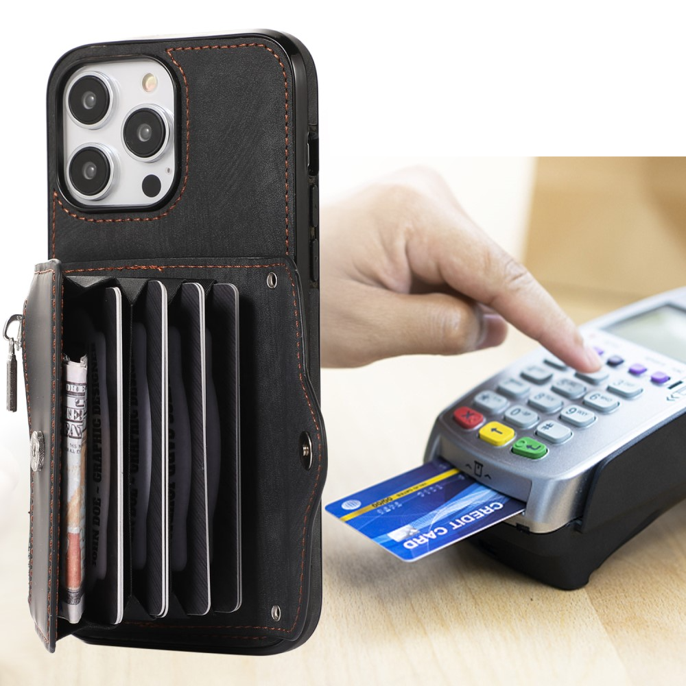 iPhone 14 Pro Max Necklace Leder Schutz Hülle mit Kartenfächer   Handykette (RFID Schutz) - Schwarz