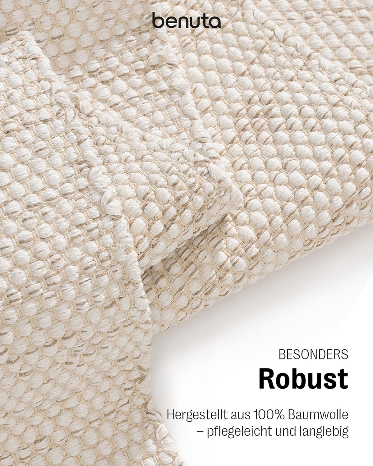 benuta Basic handgewebter Baumwollteppich Ron - Creme 80x250 cm - Handwebteppich aus 100% Baumwolle - Läufer im Style: Uni, Minimalistisch, Natural Living - Pflegeleicht für Wohnzimmer Schlafzimmer