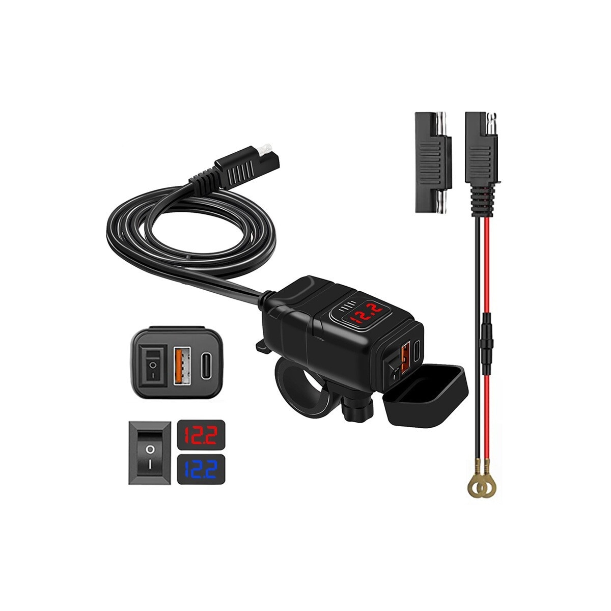 USB-C / USB hurtiglader for bil og motorsykkel Sort