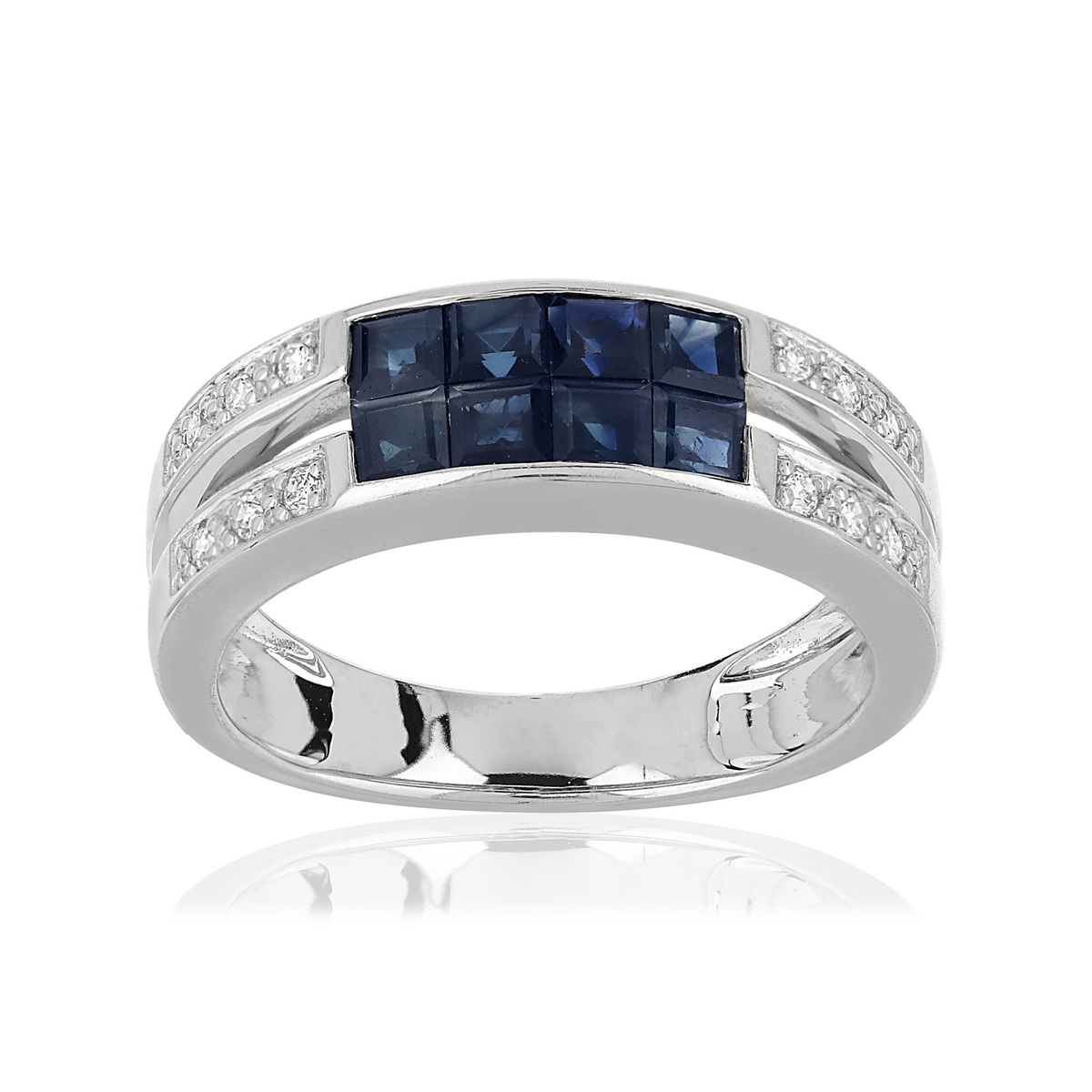 Bague or 750 blanc double anneau saphirs et diamants