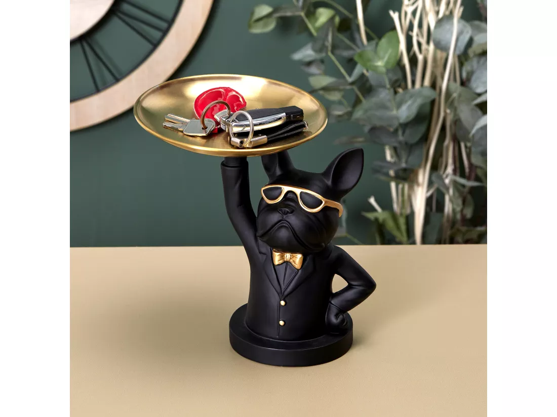 Sculpture Deco Bulldog Noir Vide Poche 23cm