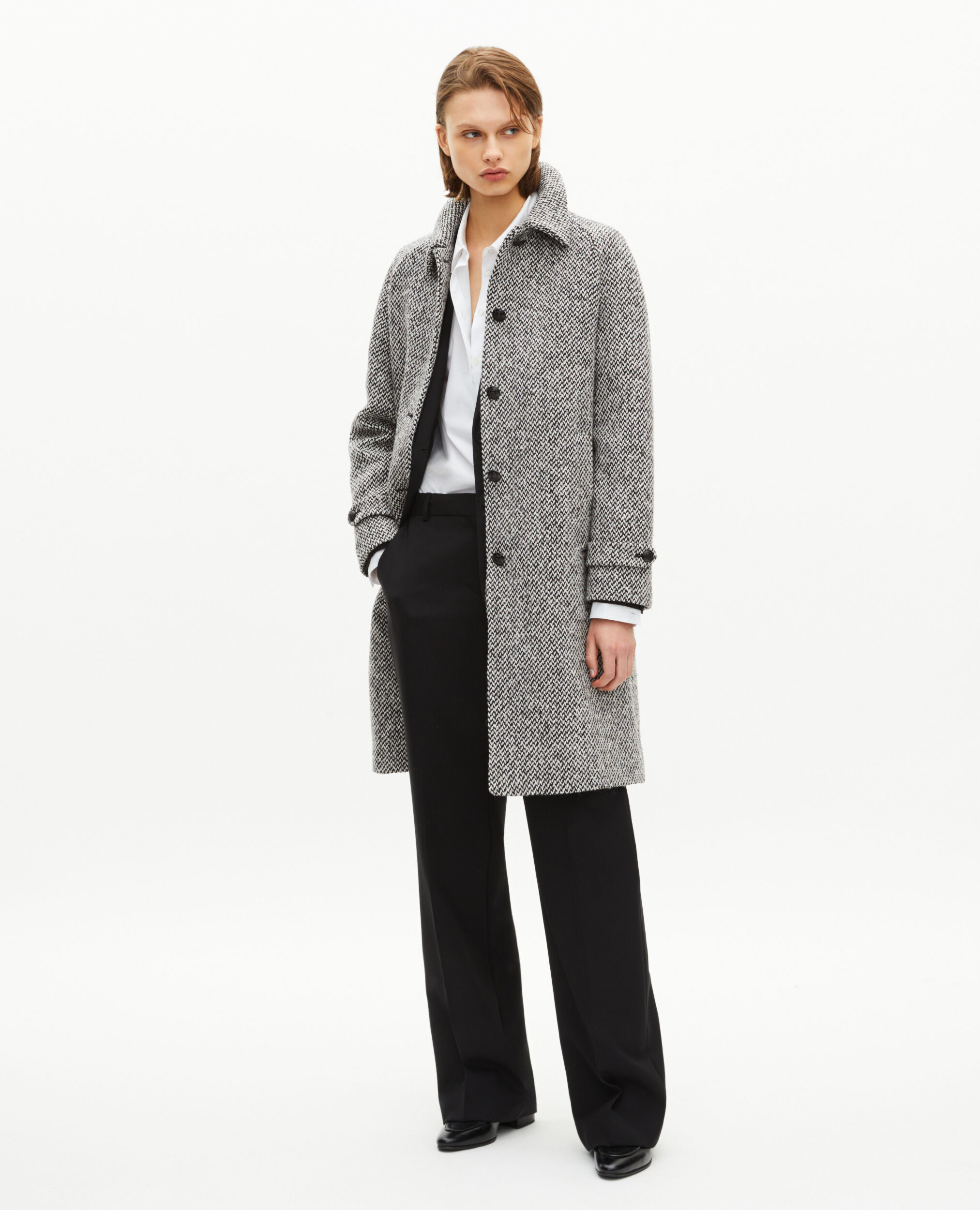 Manteau long en tweed noir et blanc