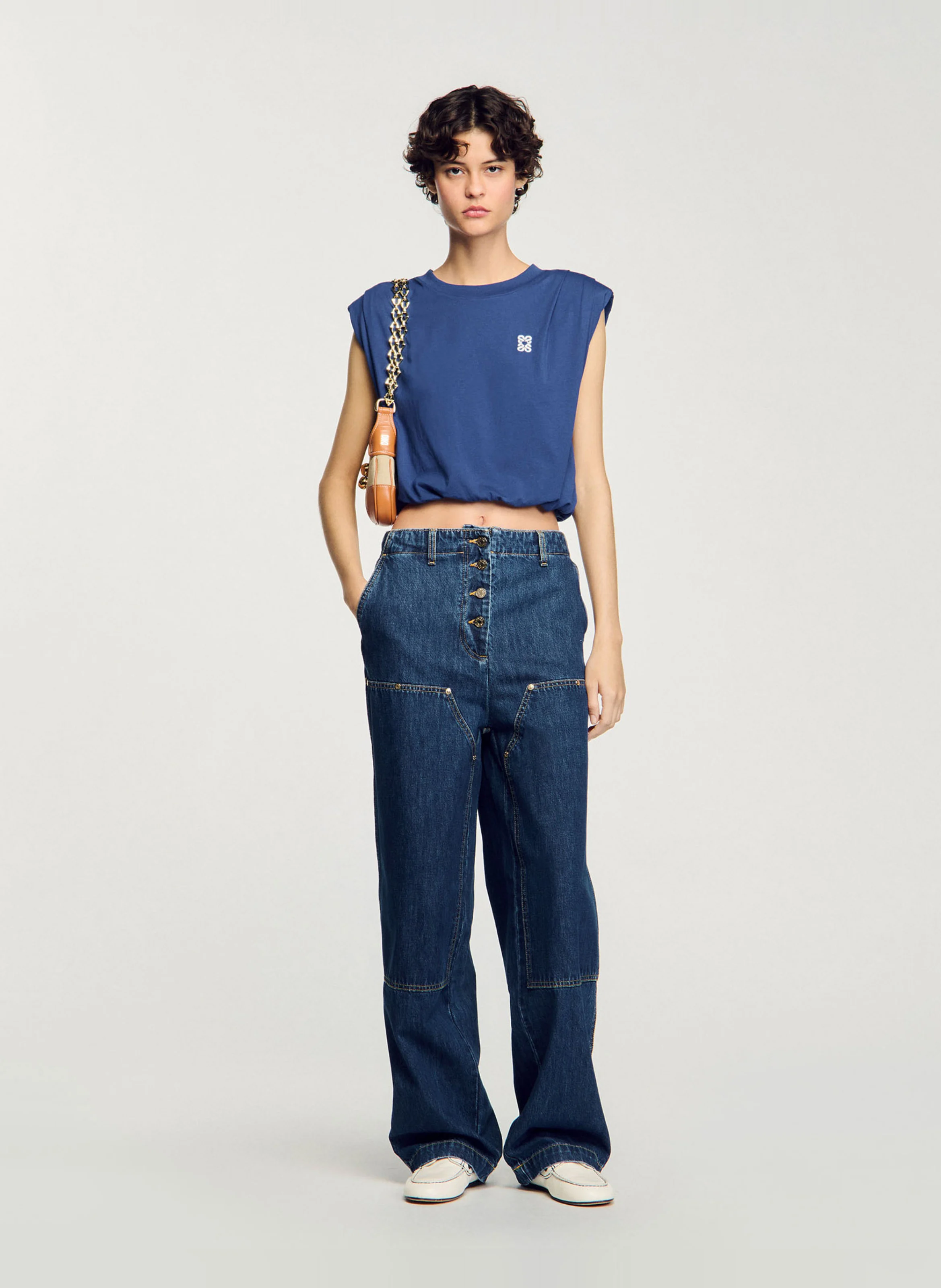 Tee-shirt court drapé en coton | Bleu