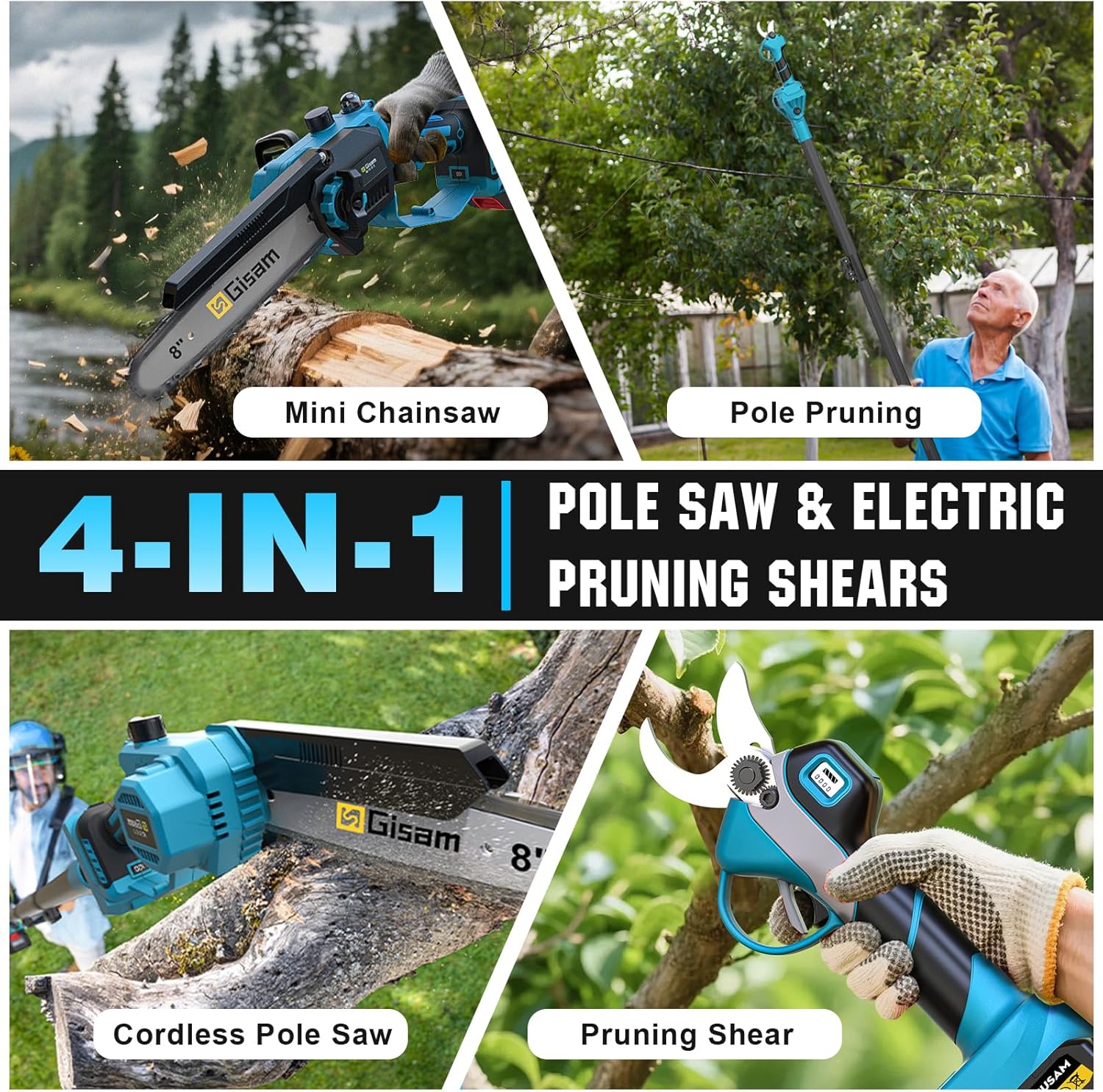 8 Zoll Mini Kettensäge & Akku Elektro Gartenschere 4-in-1 Gartenwerkzeug Set,Mit 2×4.0ah Akku,VerläNgerungsstange Bis 4.2m,BüRstenloser Motor,Elektro Hochentaster AstsäGe FüR Baumzweige, Holzschneiden