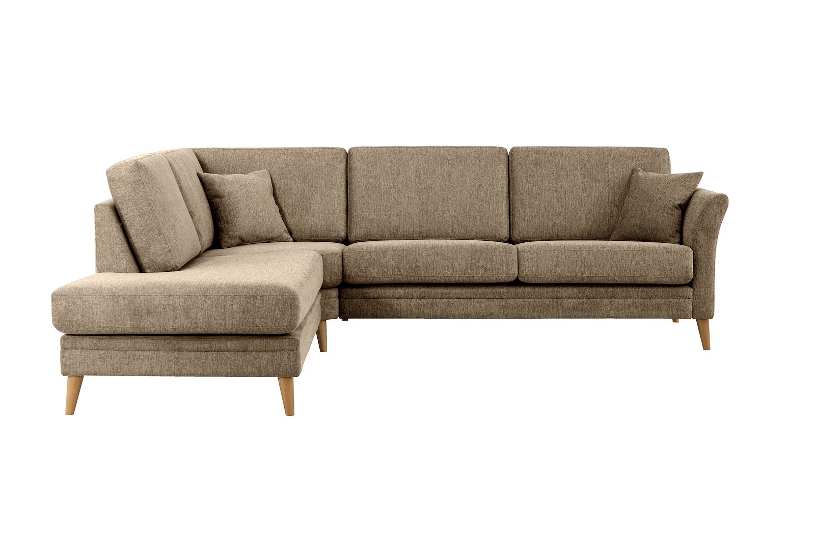 Eden hjørnesofa 2,5-seter med åpen ende venstre. Tekstil Brego 14 Latte med ben i eik natur (15137).
