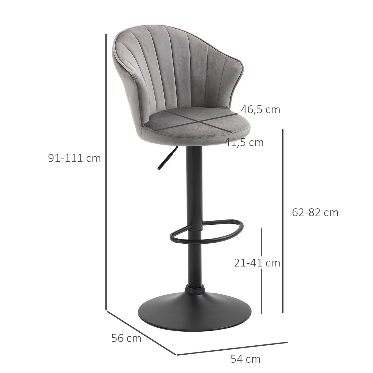 HOMCOM Set van 2 draaibare barkrukken met rugleuning, Velvet Touch bistrokrukken, in hoogte verstelbare barkrukken, armloze schuim, grijs, 54 x 56 x 91-111 cm