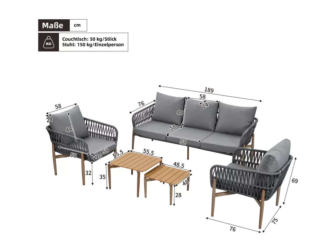 Salon de jardin - ensemble de chaises longues de jardin - 5 places - en corde - en fer galvanisé - canapé - 2 tables basses - 2 fauteuils - Gris