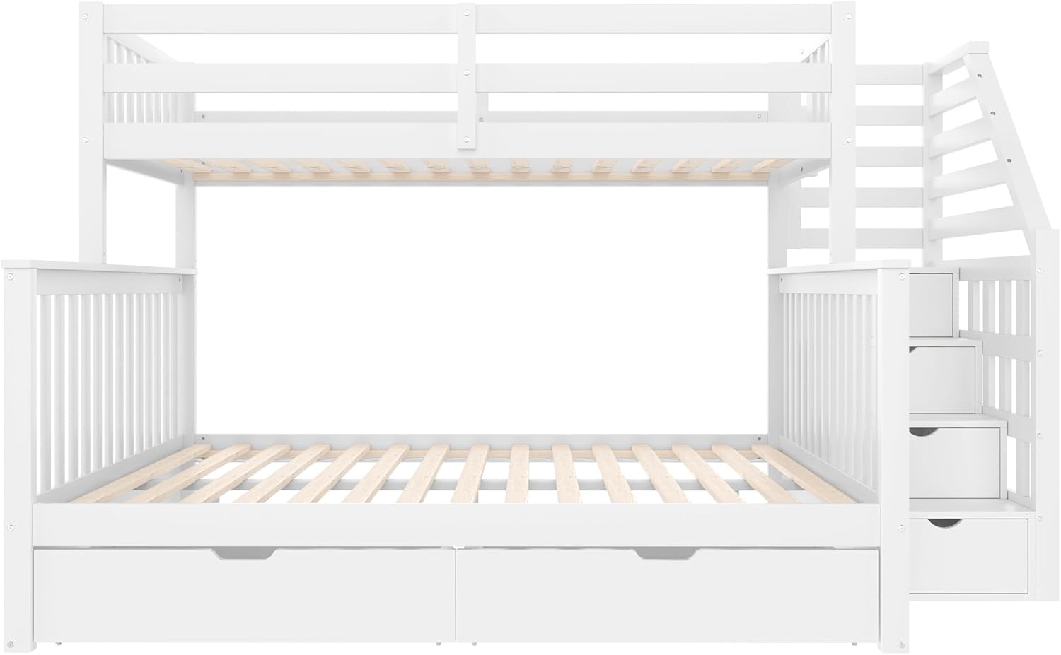 Hochbett Etagenbett 90x200cm+140x200cm mit Große Schubladen, Stauraumtreppe und Sicherheitszaun, Multifunktionsbett Kinderbett für 2 Kinder (Weiß-3)