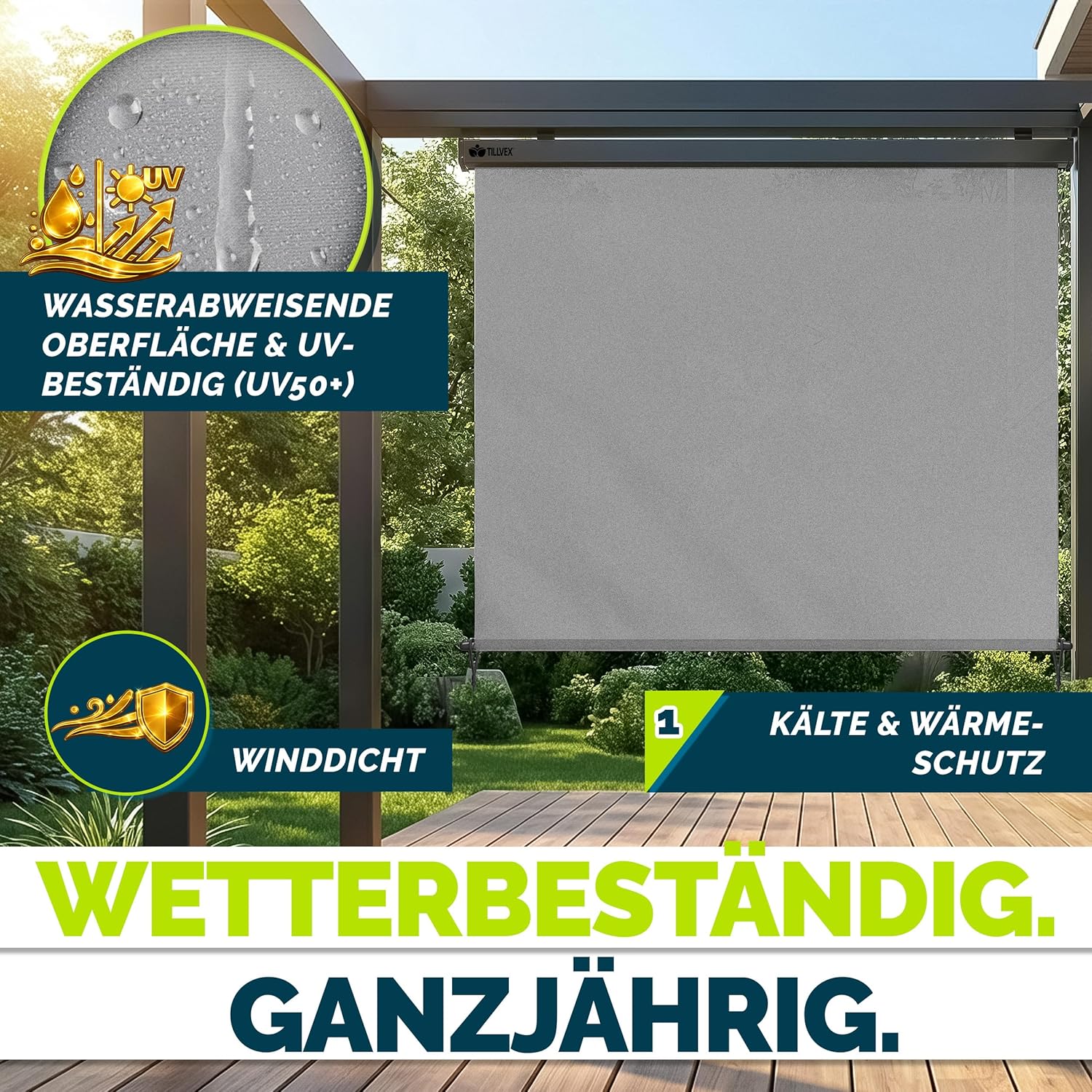 tillvex® Senkrechtmarkise 200 x 250 cm für Außen- und Innenbereich | Außenrollo wasserfest mit Handkurbel für Balkon, Terrasse & Garten | Balkonrollo Sonnenschutz aus Aluminium | Rollo Sichtschutz