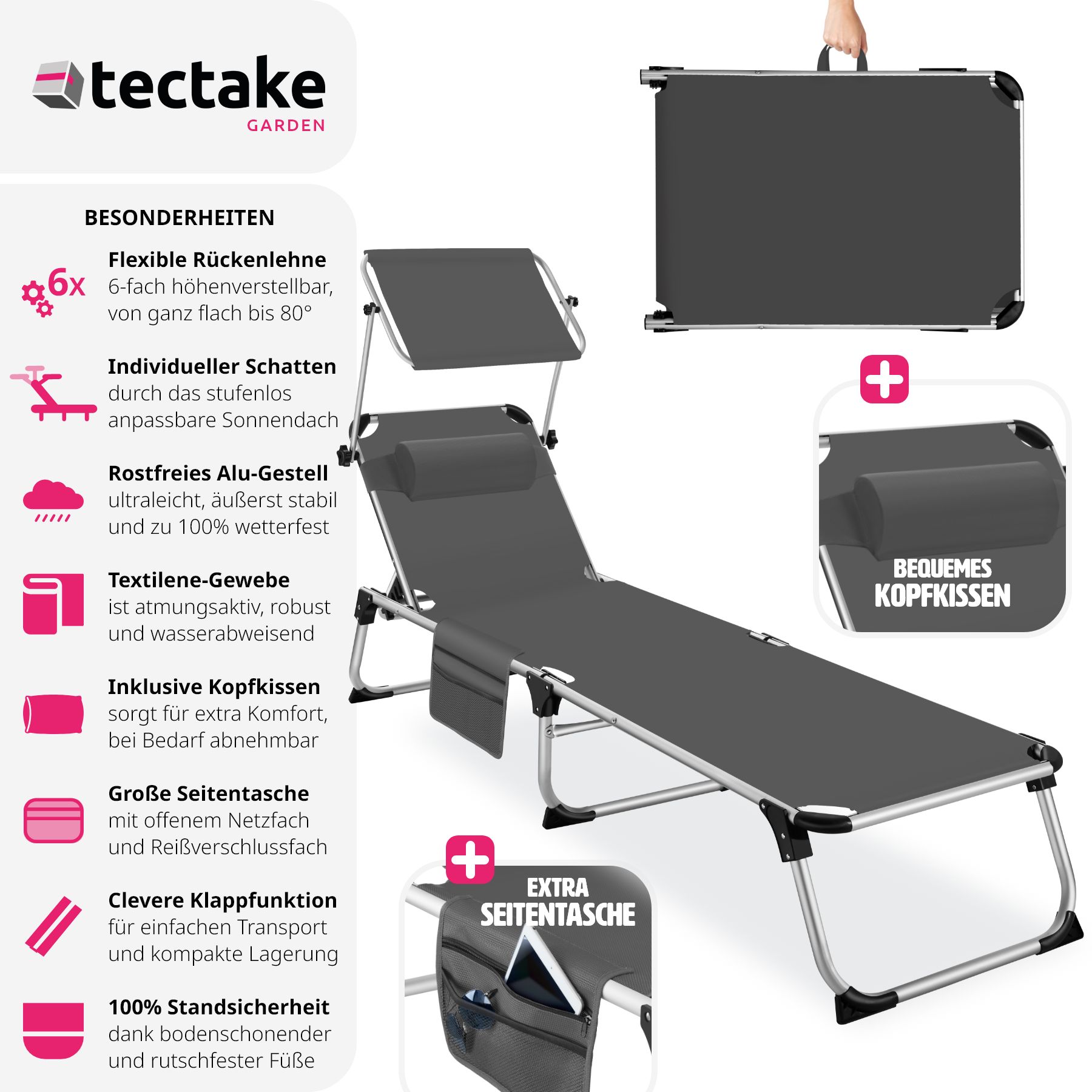 tectake® Sonnenliege, klappbar, mit Kopfkissen, 6-fach verstellbare Rückenlehne, 218 x 60 x 33,5 cm, inkl. Seitentasche