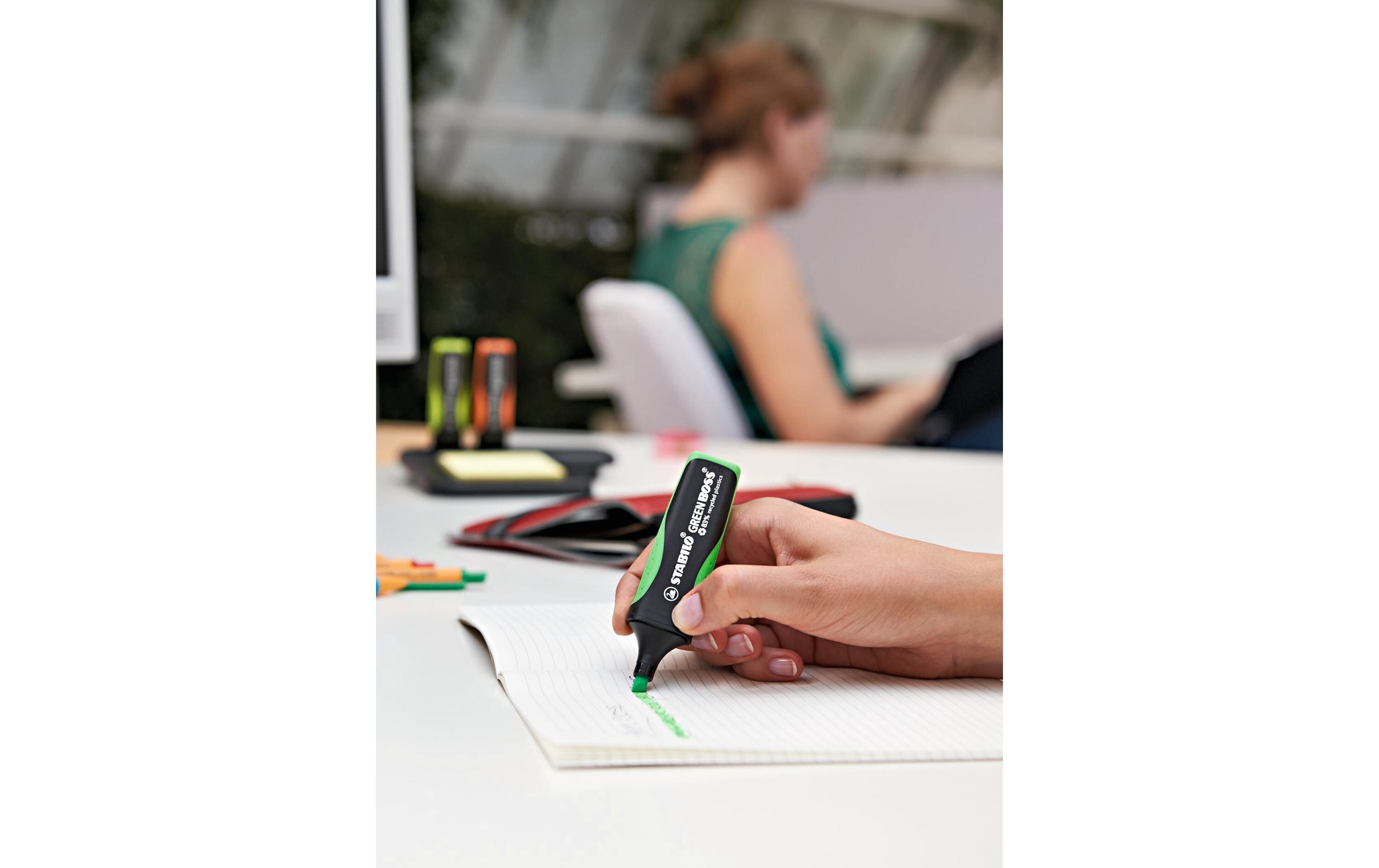 Textmarker Dispenser 5-teilig, MehrfarbigTextmarker mit praktischem Halter und Notizzettelblock für den Schreibtisch