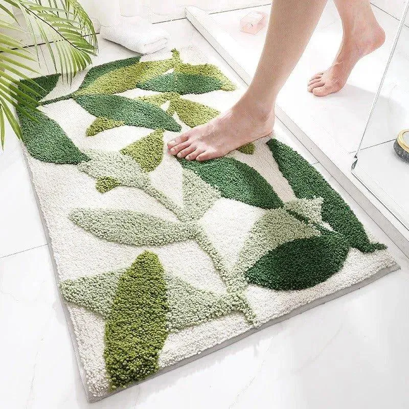 Green Leaves Microfiber Bathroom Rug | Modern Nordic Soft Bath Floor Mat