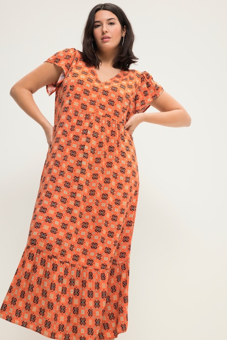 Maxikleid, A-Line, Alloverprint, V-Ausschnitt, Flügel-Halbarm