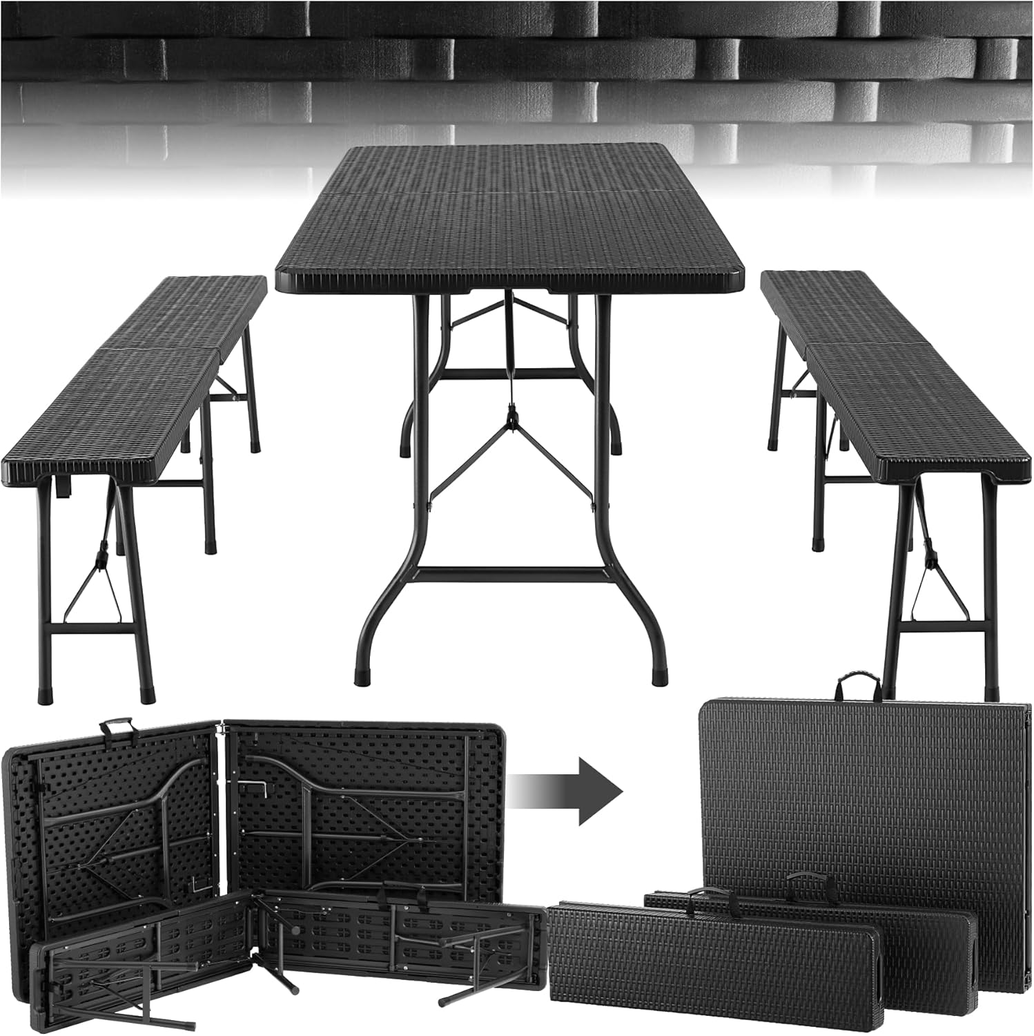 tectake® 3-teiliges Gartenmöbel Set, klappbarer Campingtisch mit 2X Bierbank, Balkonmöbel, Garten oder Terrassentisch Set, Bierzeltgarnitur, mit Tragegriffen, 180cm lang (schwarz)