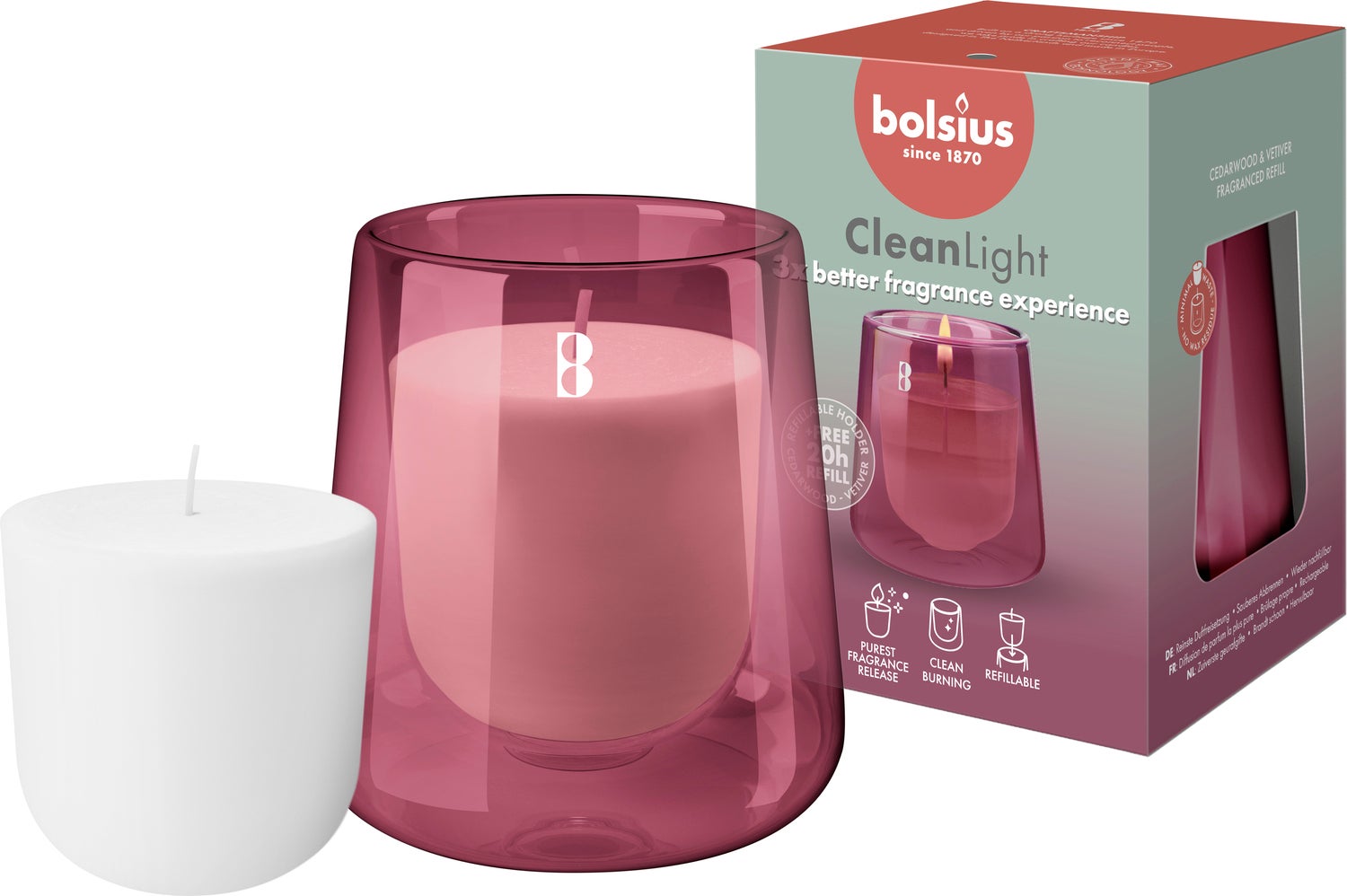 Bolsius geurkaars CleanLight Cedar & Vetiver roze 20 uur D 8,3 H 11,6 cm