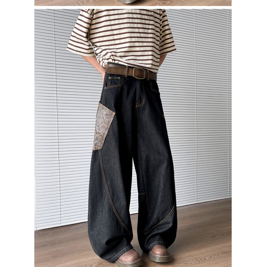 Filmas - Mid Rise Snakeskin Print Panel Washed Wide Leg Jeans