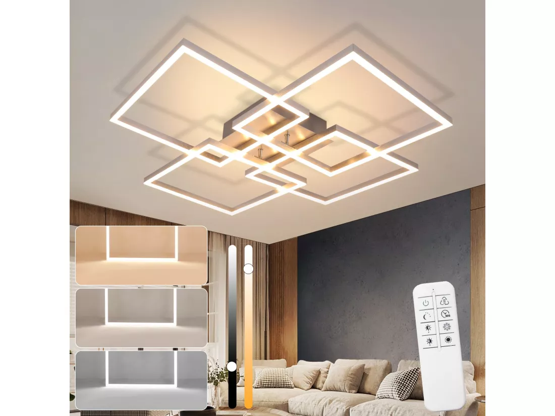 NETTLIFE Plafonnier LED Chambre Argent Dimmable 64CM 36W Géométrique Salon avec Télécommande