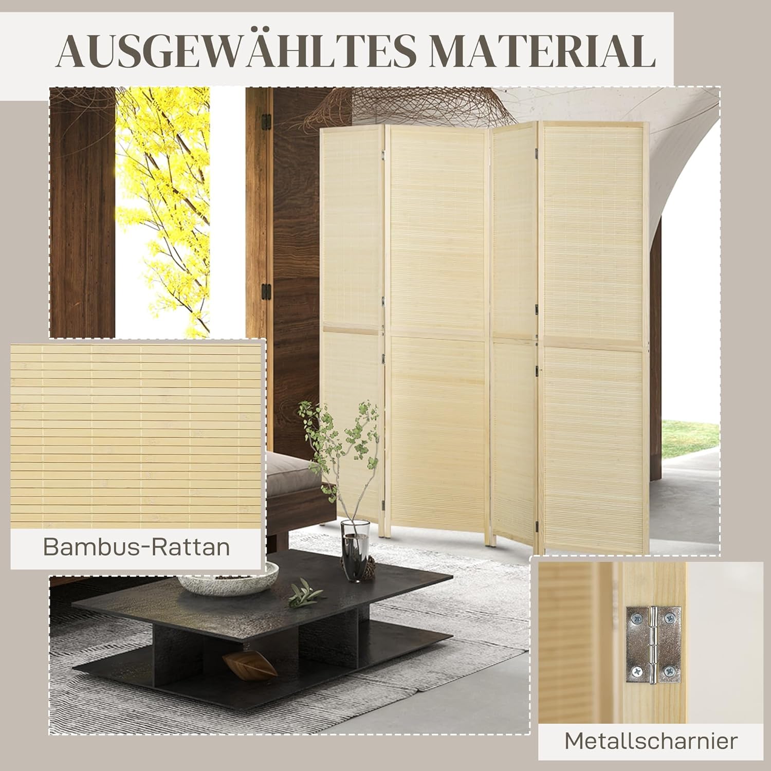 HOMCOM Paravent 4-teilig 180 x 180 cm Faltbar Raumteiler Trennwand aus Bambus, Stellwand Sichtschutz Raumtrenner für Wohnzimmer Schlafzimmer Natur MB3801426
