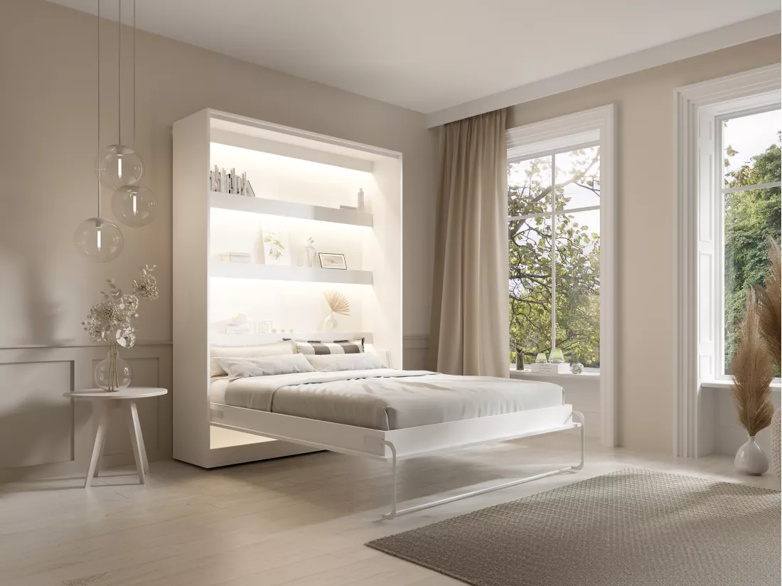 Lit escamotable 160 x 200 cm - Ouverture verticale manuelle - Avec LEDs - Blanc - RAPILI