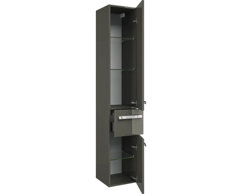 Badkamermeubelset Pelipal serie 4005, afmetingen (B x H x D): 122 x 200 x 49,1 cm, fronten in hoogglans grijs. 4-delige badkamermeubelset bestaande uit een witte glazen wastafel, badmeubel, spiegelkast met LED-verlichting, glazen wastafel en hoge kas