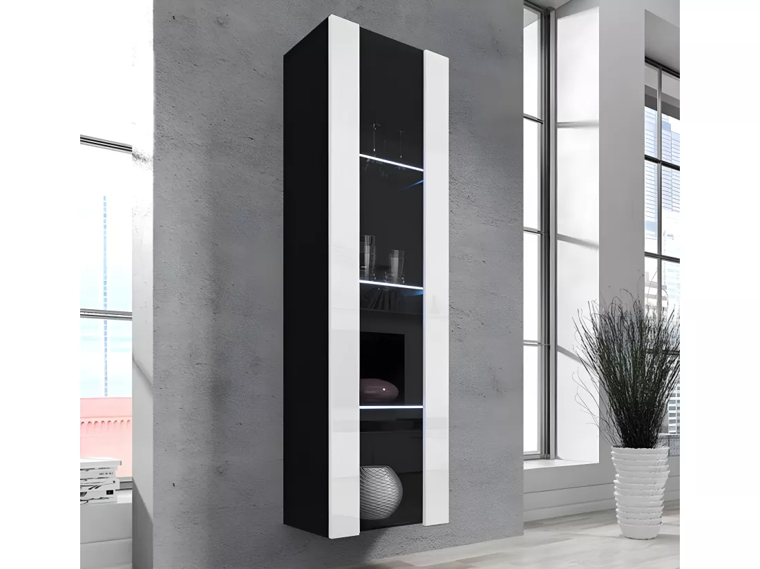 Vitrine suspendue pour Salon Salle à manger en Noir et Blanc avec LED 40x29x170cm Nora V5