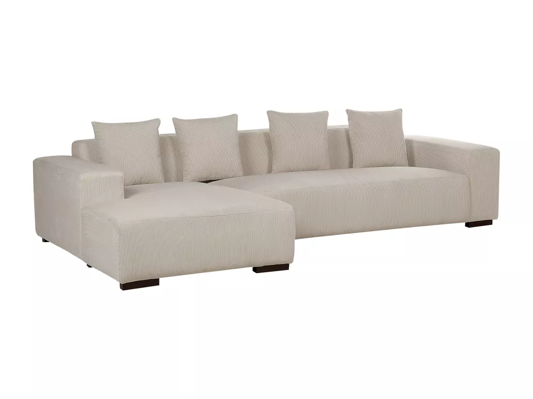 Canapé Angle à gauche 4 Places en Velours Côtelé Beige avec 4 Coussins Supplémentaires Lungo