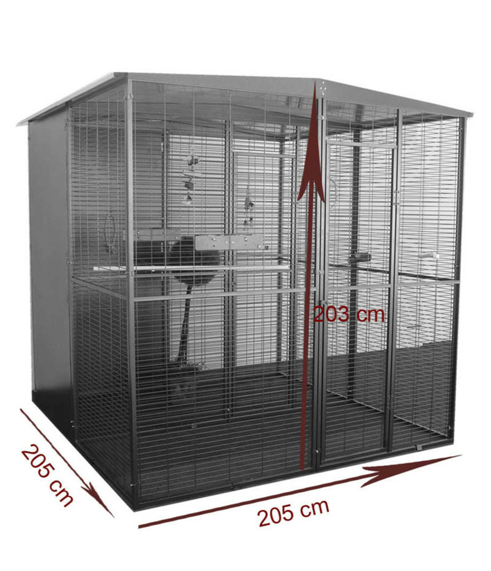 Volière de jardin pour perroquets de 4m² à toit deux pentes et séparation centrale