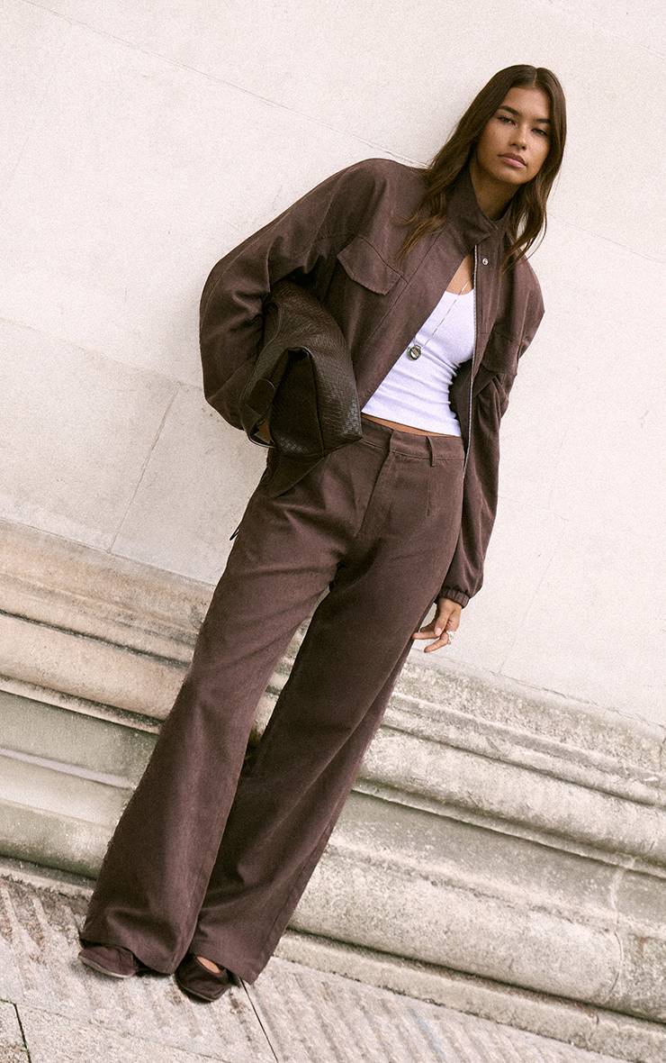 Marron Foncé Pantalon Droit Peau De Pêche