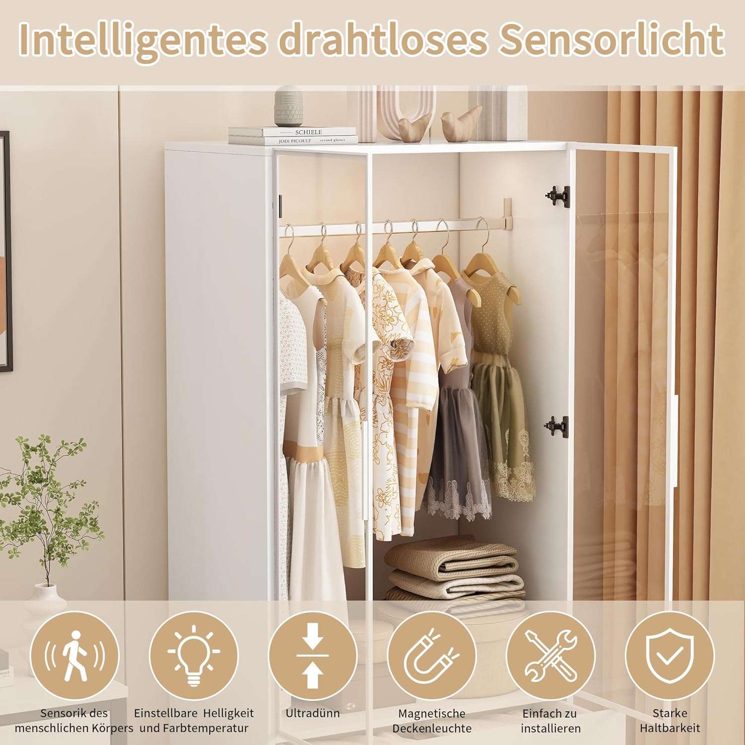 Kleiderschrank mit LED-Beleuchtung,Vielseitiger Drehtürenschrank mit 2 Türen aus gehärtetem Glas,Glasschrank mit Kleiderstange,Wardrobe closet mit 2 Schubladen,Schrank Mehrzweckschrank (Weiß-1)