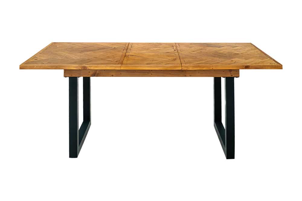 Ausziehbarer Esstisch MOSAIK 140-180cm braun Pinie recyceltes Massivholz Metall schwarz