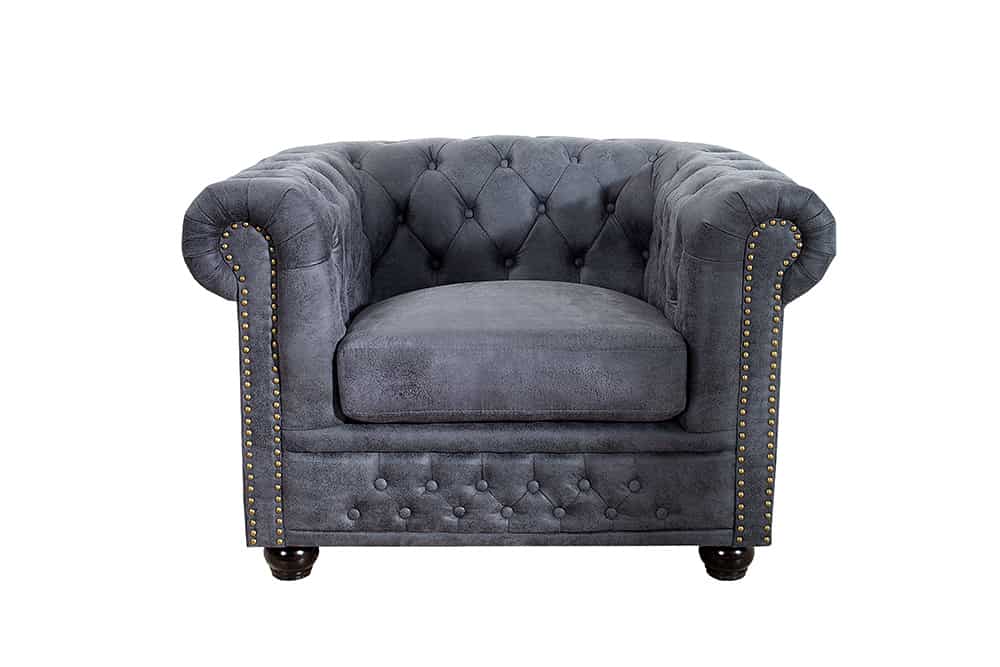 Chesterfield Sessel 105cm antik grau mit Knopfheftung und Federkern