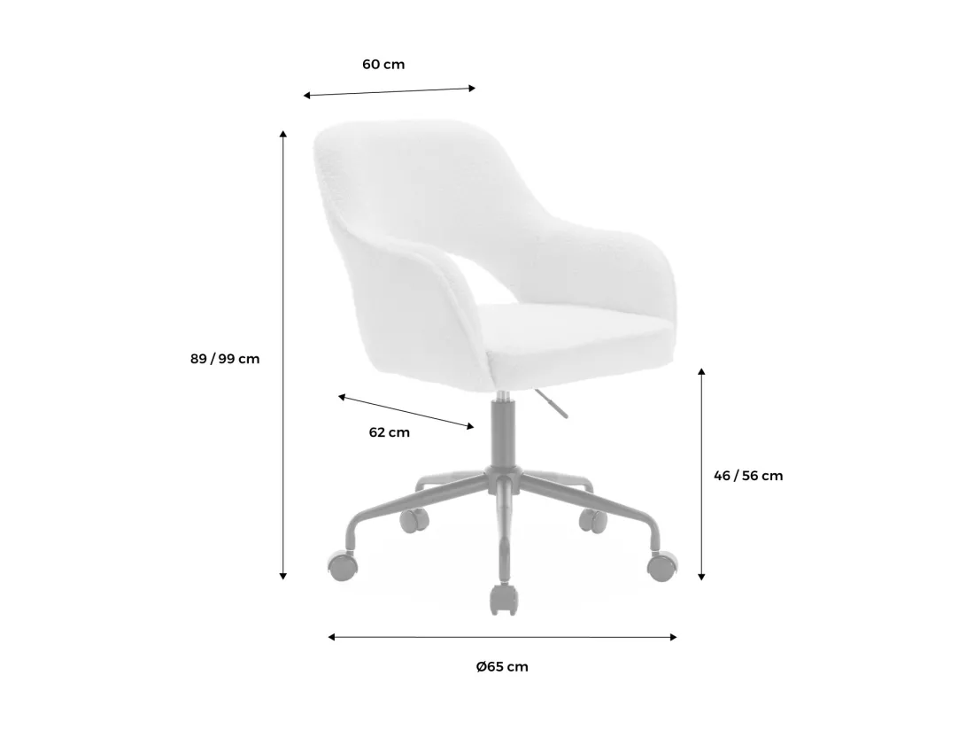 Chaise de bureau à roulettes bouclettes blanche. Jim. L 60 x P 62 x H 89 / 99cm.