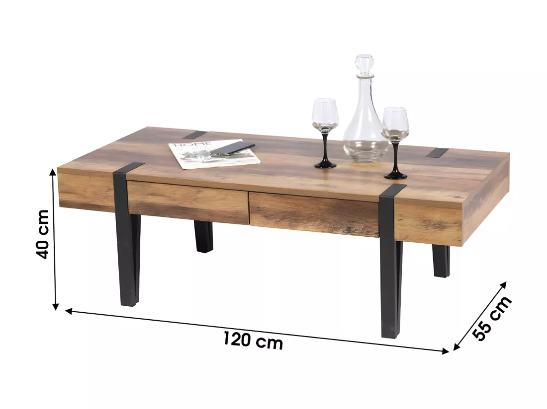 Table Basse LOVY – Bois avec Pieds en Métal, 2 Tiroirs