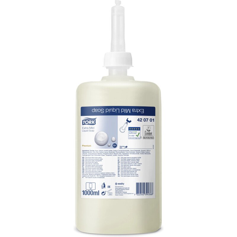 Savon liquide Tork Premium Extra-doux, pour distributeurs S1/S11 - Cartouche de 1 L