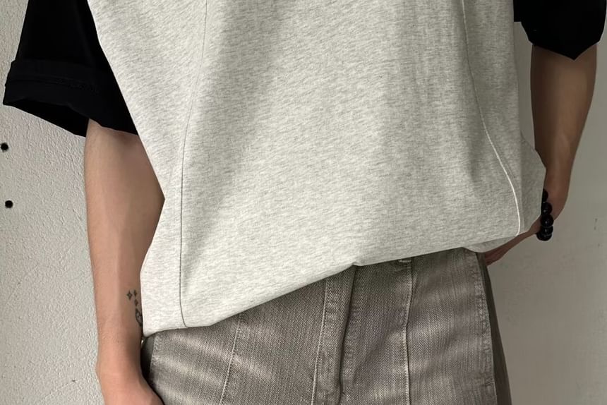 Double White - Mid Rise Washed Panel Denim Shorts
