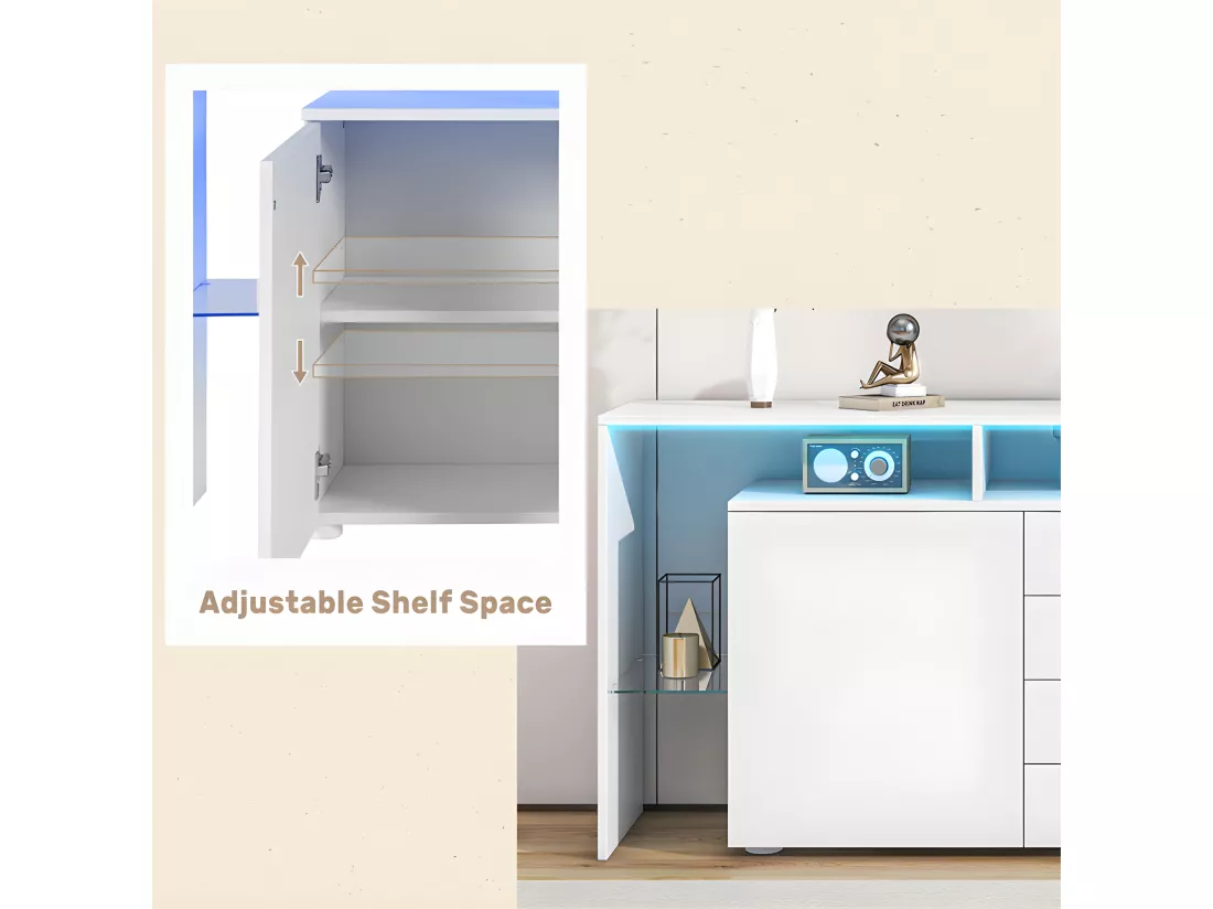 Buffet bas avec éclairage LED - 4 tiroirs et 2 portes - Blanc