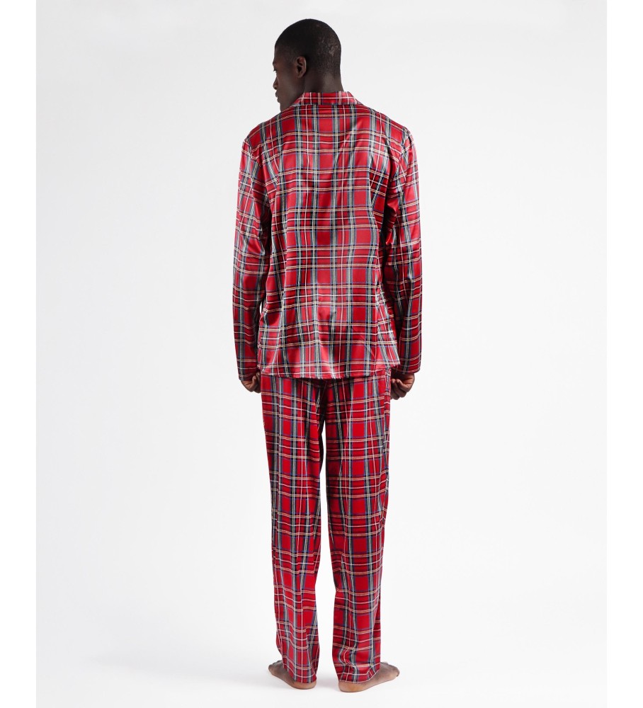 Pijama Admas de manga comprida aberto, estilo escocês, vermelho.