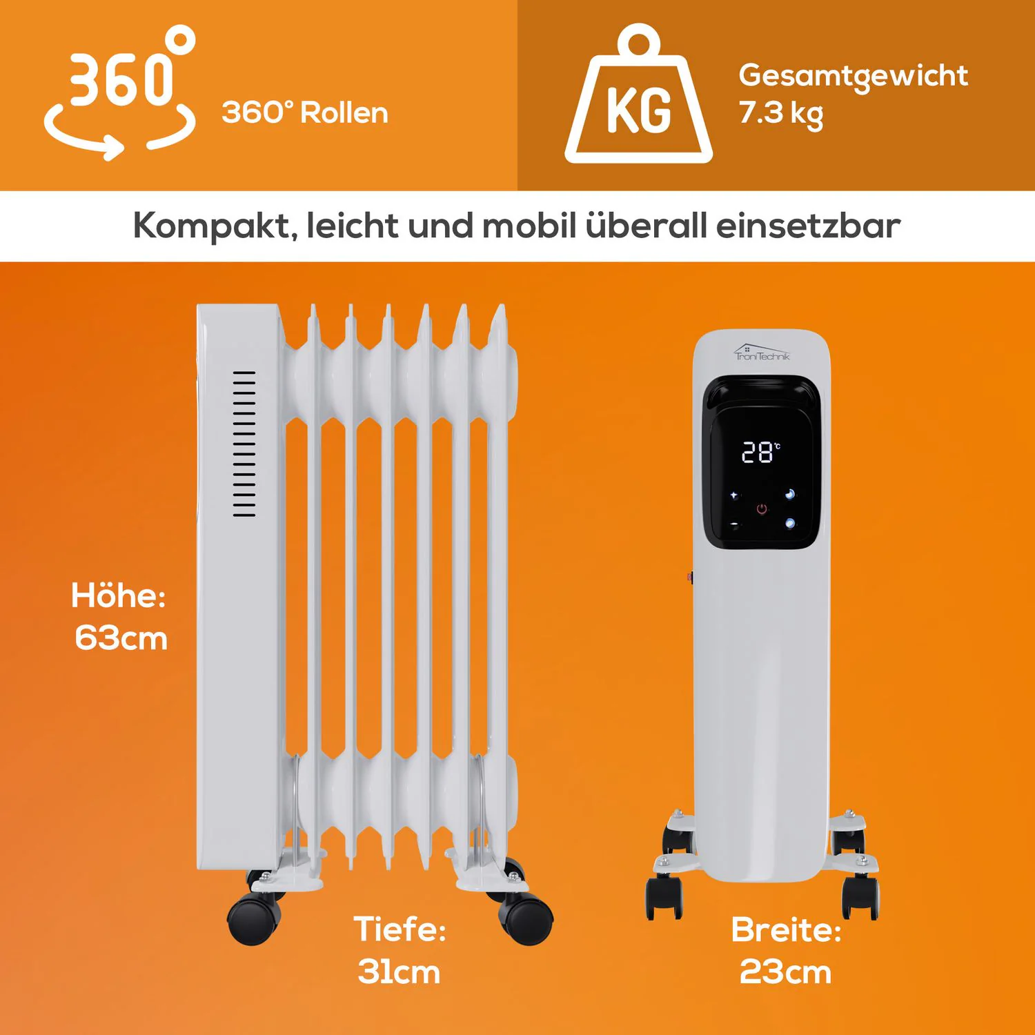 TroniTechnik® Ölradiator Elektroheizung TT-OR 307 in Weiß mit 7 Rippen und 1500 Watt, drei Heizstufen (600W, 900W, 1500W)