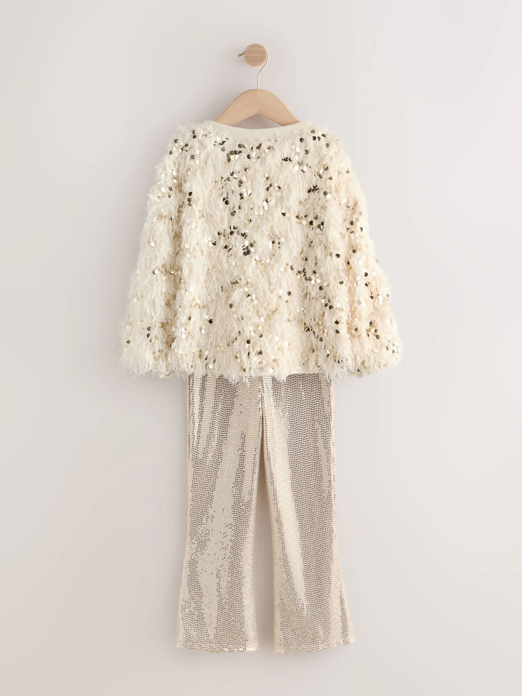 Crème/Goud wollige Pailletten - Party-set met top en flared legging (3-16jaar)