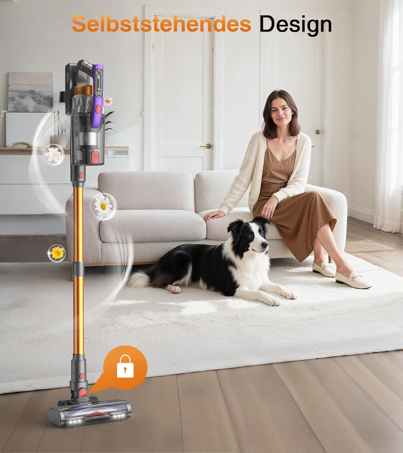 Akku Staubsauger 50000Pa/600W/75Min, 1.8L Staubsauger Kabellos mit Freistehender, LED Display, Anti-Tangle-Bürste, Wandladestation, Ultraleise, für Tierhaare/Hartböden/Teppiche/Auto