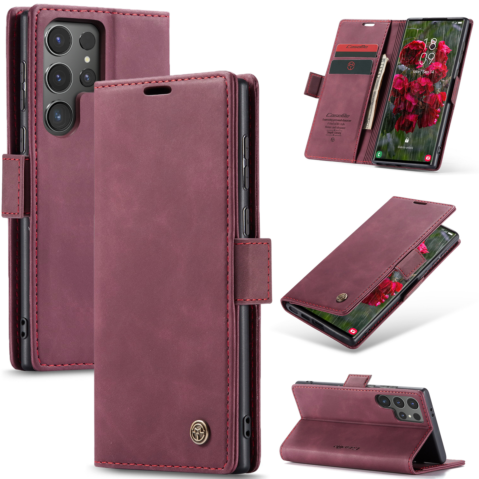 Samsung Galaxy S25 Ultra Leder Tasche Flip Wallet Etui mit Kartenfächern - Dunkelrot