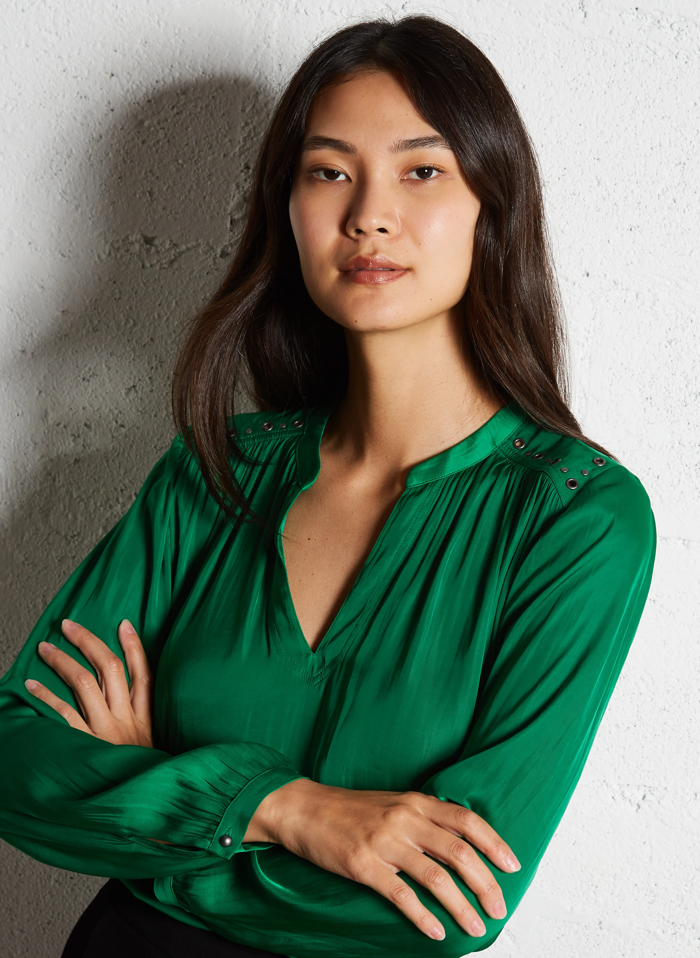 Top col V droit satiné | Vert