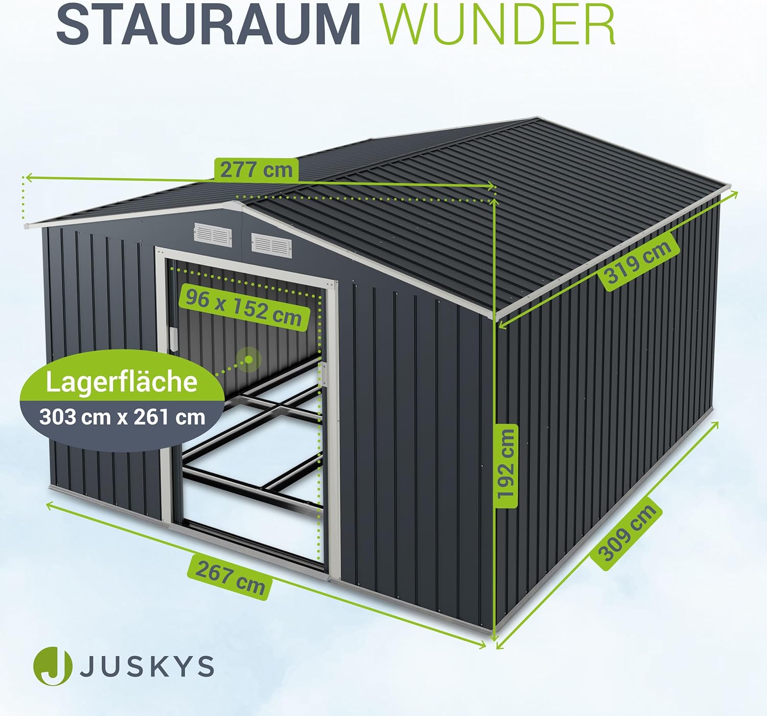 Juskys Metall Gerätehaus XXL 15m³ mit Satteldach, Schiebetür & Fundament - 277 x 319 x 192 cm - anthrazit - Geräteschuppen Gartenhaus Metallgerätehaus