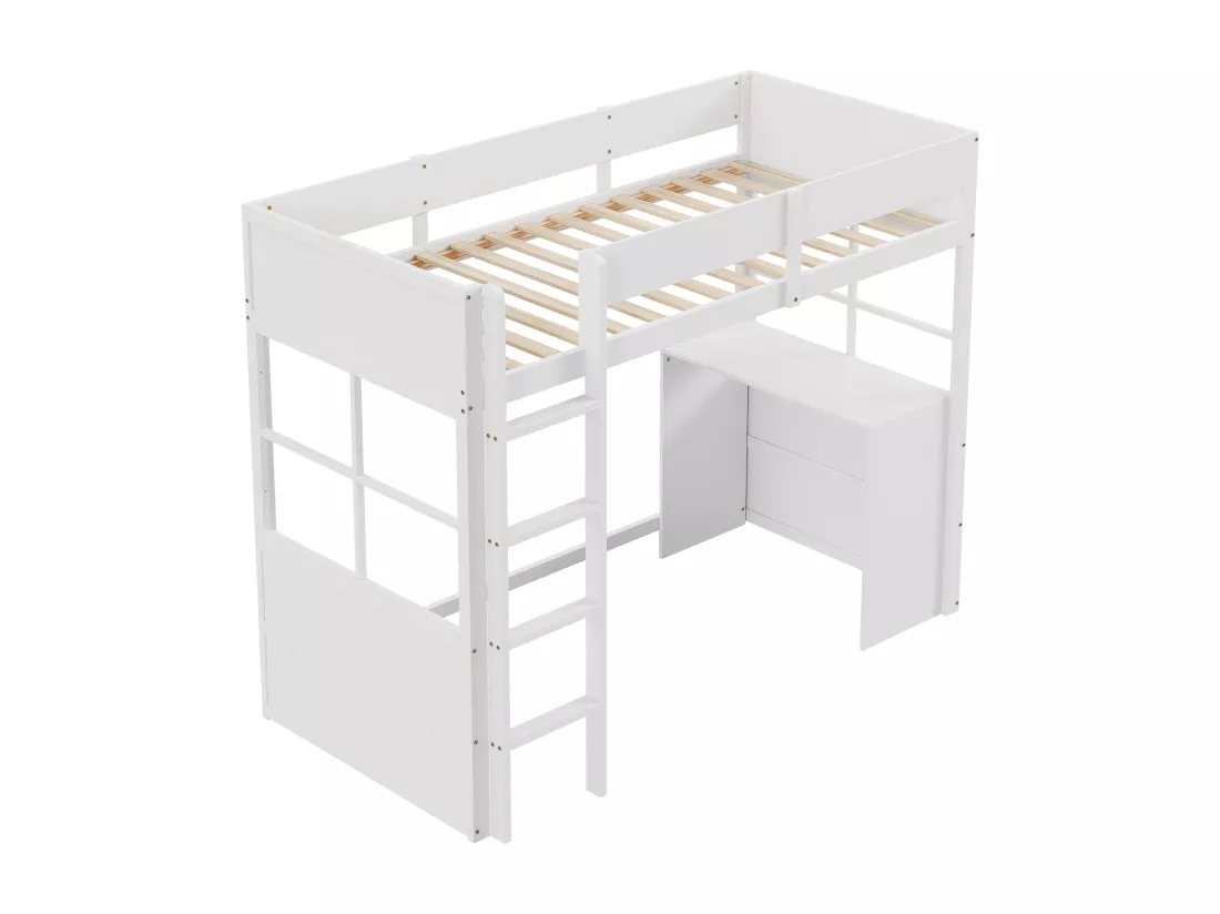 Lit mezzanine 90 x 200 cm avec avec bureau & échelle - bois MDF - blanc (sans matelas)