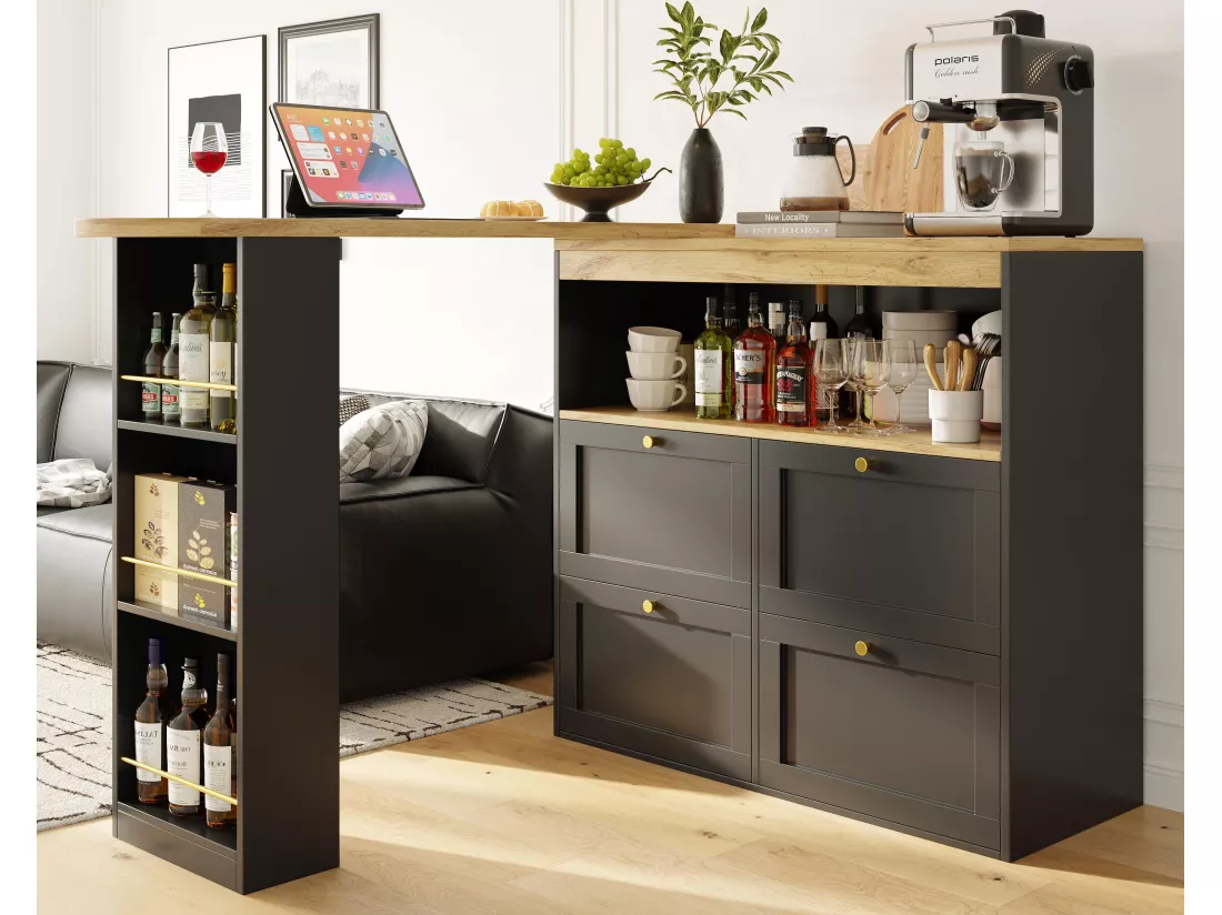 Buffet、Meuble de bar pivotant et escamotable - 4 tiroirs et 4 compartiments - Noir